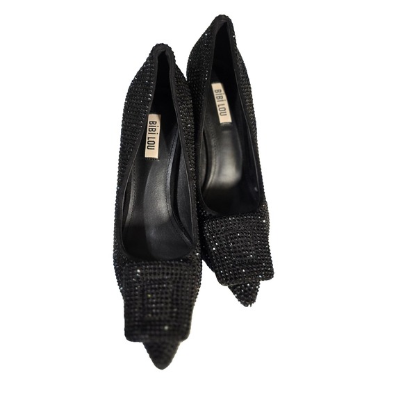 $245 NWOB BIBI LOU heels sz 37 US 7 solid black shine sparkle gem rhinestone - Picture 1 of 15